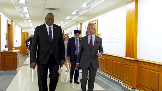 External affairs minister S Jaishankar with United States secretary of defense Lloyd J Austin at The Pentagon in Washington on Monday. (ANI)