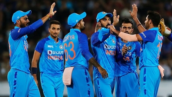 India's Bhuvneshwar Kumar celebrates with teammates(BCCI Twitter)