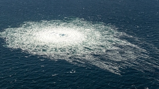 A large disturbance in the sea can be observed off the coast of the Danish island of Bornholm Tuesday, Sept. 27, 2022 following a series of unusual leaks on two natural gas pipelines running from Russia under the Baltic Sea.(AP)