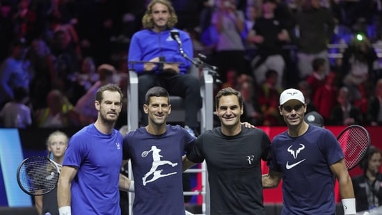 From left, Andy Murray, Novak Djokovic, Roger Federer and Rafael Nadal attend a training session ahead of the Laver Cup(AP)