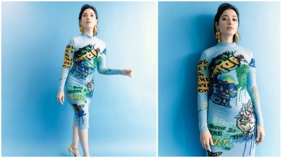 Tamannaah Bhatia is a big-time fashionista who always manages to drop jaws with her sartorial fashion choices. The actor's Instagram handle is flooded with photos of herself in fancy designer fits. Earlier, she set the internet ablaze with her funky yet stylish avatar in a handcrafted blue graffiti bodycon.(Instagram/@tamannaahspeaks)