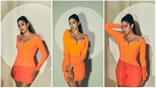 Fitness and fashion enthusiast Janhvi Kapoor earlier set the internet ablaze with her bold and stylish photos in an orange short dress featuring a plunging neckline.(Instagram/@janhvikapoor)