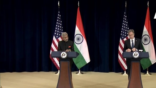 EAM S Jaishankar and US Secretary of State Antony Blinken address a joint presser on Tuesday. (ANI)