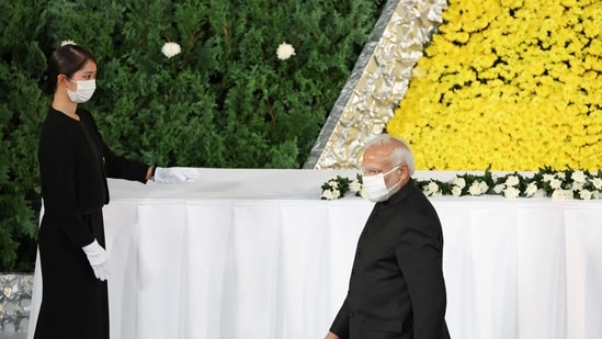 Prime Minister Narendra Modi pays respect during the state funeral for Japan's former prime minister Shinzo Abe.(Reuters)