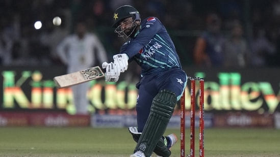 Asif Ali bats during the fourth T20I cricket match between Pakistan and England, in Karachi.(AP)