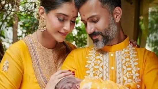 Sonam Kapoor and Anand Ahuja with their first child Vayu Kapoor Ahuja.