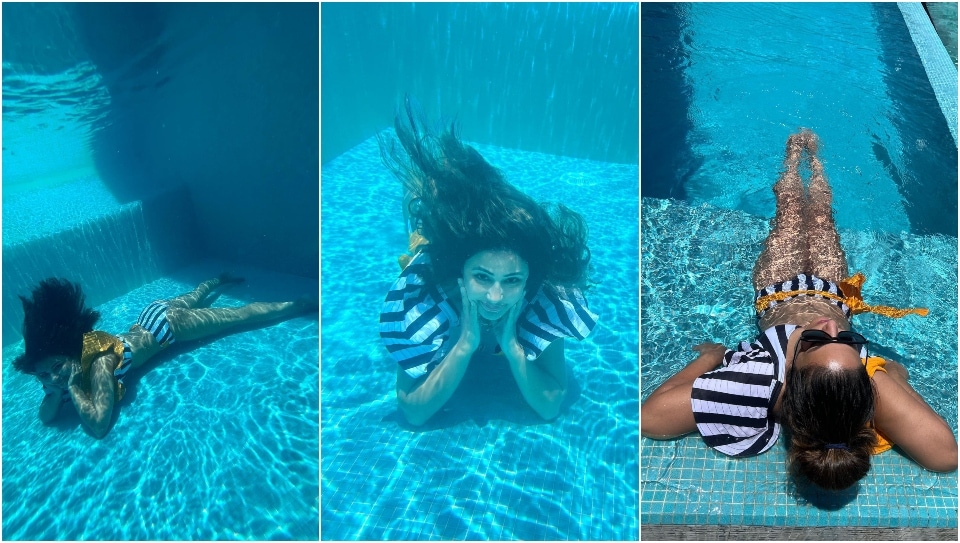 Hina Khan clicks pictures inside an infinity pool in Maldives.&nbsp;(Instagram)