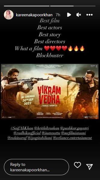 Taking to her Instagram Stories, Kareena shared a poster of Vikram Vedha.