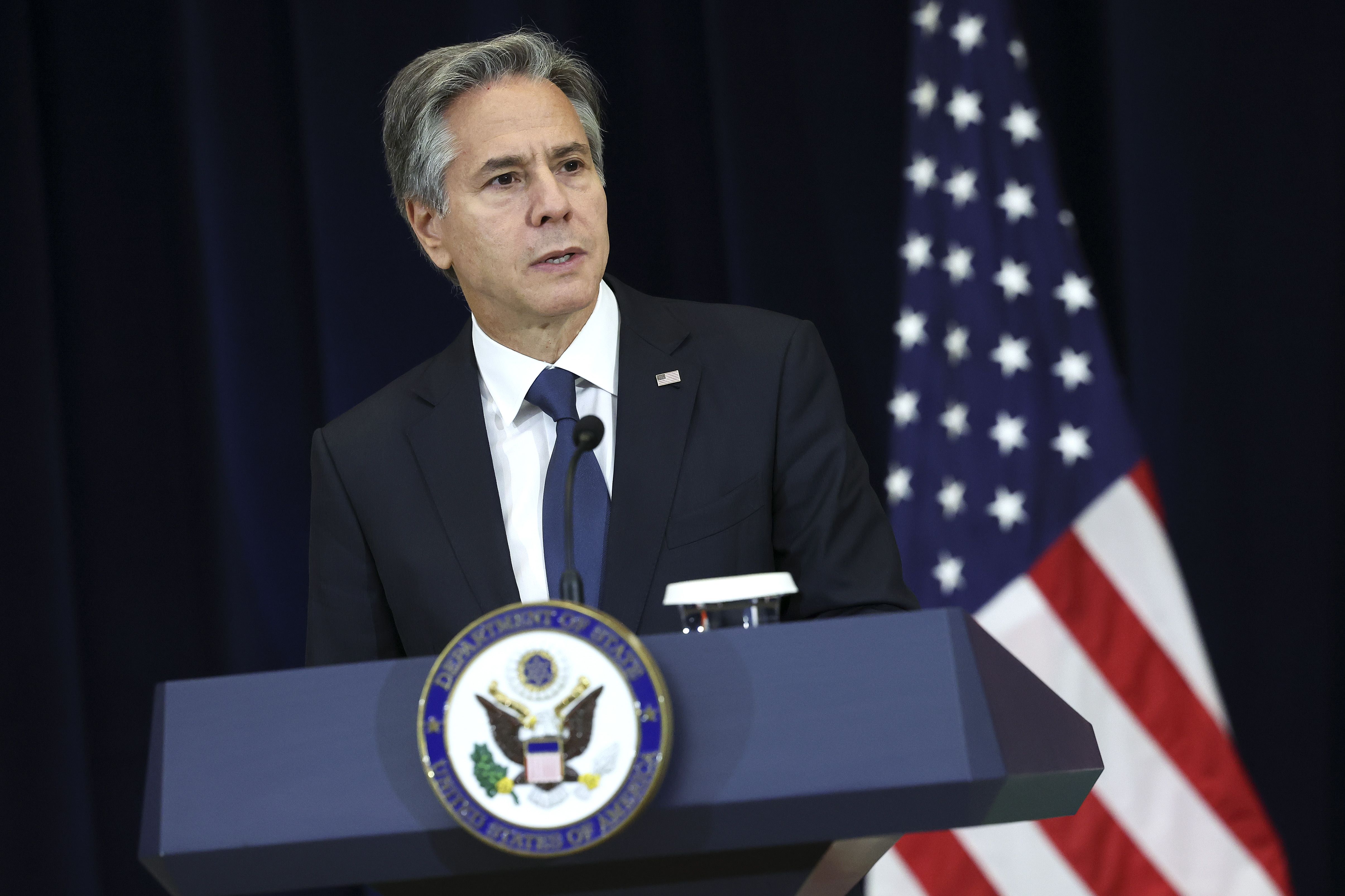 US secretary of state Antony Blinken delivers remarks during a press availability with India's external affairs minister Subrahmanyam Jaishankar at the State Department on September 27, 2022 in Washington, DC. (Kevin Dietsch/Getty Images/AFP)