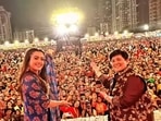Rashmika Mandanna with Falguni Pathak at a Navratri event in Mumbai. Rashmika Mandanna with Falguni Pathak at a Navratri event in Mumbai.