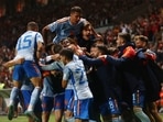 Spain's Alvaro Morata celebrates scoring their first goal with teammates
