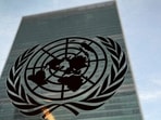 UN Security Council: The United Nations headquarters building is pictured with a UN logo.
