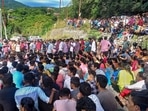 Srinagar: People block the Rishikesh-Badrinath highway in protest against the killing of Ankita Bhandari, at Srinagar in Pauri Garhwal district. Srinagar: People block the Rishikesh-Badrinath highway in protest against the killing of Ankita Bhandari, at Srinagar in Pauri Garhwal district.