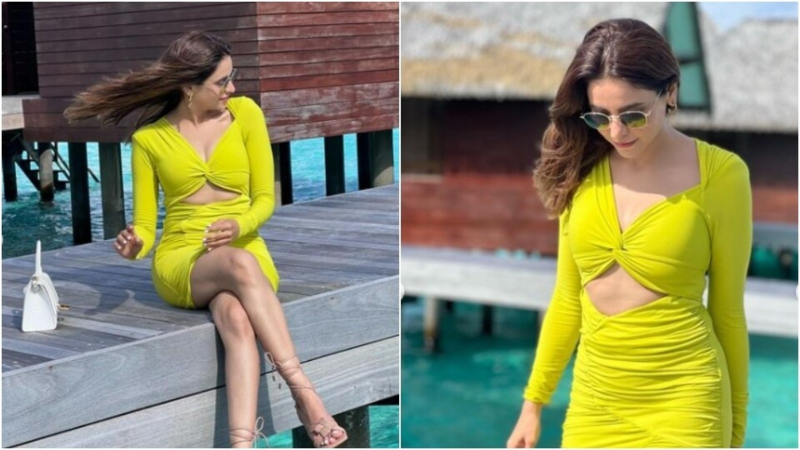 A page from Aamna Sharif’s Maldives album: This time, in a neon dress