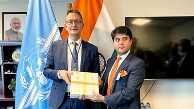 Union Civil Aviation Minister Jyotiraditya Scindia meets with State Secretary of Germany Stefan Schnorr and signed a MoU for the provision of coterminous rights for cargo aircraft, in Montreal on Tuesday. (Jyotiraditya M. Scindia Twitter) Union Civil Aviation Minister Jyotiraditya Scindia meets with State Secretary of Germany Stefan Schnorr and signed a MoU for the provision of coterminous rights for cargo aircraft, in Montreal on Tuesday. (Jyotiraditya M. Scindia Twitter)