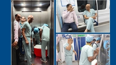 A team of physicians and other medical personnel transported the beating heart from the Kamineni Hospital in LB Nagar to the Nagole Metro Station. (Twitter\@@ltmhyd) A team of physicians and other medical personnel transported the beating heart from the Kamineni Hospital in LB Nagar to the Nagole Metro Station. (Twitter\@@ltmhyd)