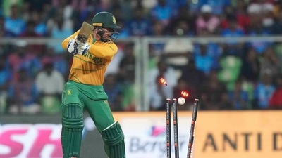 South Africa's top five was sent tumbling in the first four overs on a tough pitch in Thiruvananthapuram. (AP) South Africa's top five was sent tumbling in the first four overs on a tough pitch in Thiruvananthapuram. (AP)