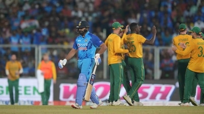 India's Rohit Sharma leaves the field after being dismissed during the first Twenty20 cricket match between India and South Africa in Thiruvananthapuram, India, Wednesday, Sept. 28, 2022. (AP) India's Rohit Sharma leaves the field after being dismissed during the first Twenty20 cricket match between India and South Africa in Thiruvananthapuram, India, Wednesday, Sept. 28, 2022. (AP)