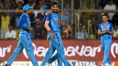 Arshdeep Singh, who won the player of the match, took three wickets in his first over of the match. (PTI) Arshdeep Singh, who won the player of the match, took three wickets in his first over of the match. (PTI)