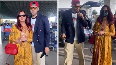 Richa Chadha with Ali Fazal at airport. Richa Chadha with Ali Fazal at airport. 