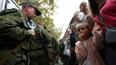 Russia-Ukraine War: People say goodbye to reservists drafted during the partial mobilisation as they depart for military bases. (REUTERS)