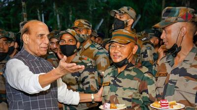 Dibrugarh: Defence minister Rajnath Singh during a special programme at Dinjan Army camp in Dibrugarh district on Wednesday (PTI) Dibrugarh: Defence minister Rajnath Singh during a special programme at Dinjan Army camp in Dibrugarh district on Wednesday (PTI)