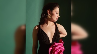 Tamannah Bhatia's gown features a plunging neckline, and a huge rose with frill detailing. (Instagram/@tamannaahspeaks) Tamannah Bhatia's gown features a plunging neckline, and a huge rose with frill detailing. (Instagram/@tamannaahspeaks)