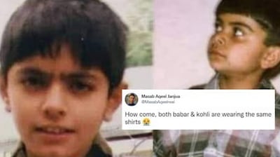 Viral childhood photos of Pakistan's Babar Azam and India's Virat Kohli(right) (twitter/@MasabAqeelreal) Viral childhood photos of Pakistan's Babar Azam and India's Virat Kohli(right) (twitter/@MasabAqeelreal)