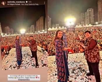 Rashmika Mandanna and Falguni Pathak at a Navratri celebration in Mumbai. Rashmika Mandanna and Falguni Pathak at a Navratri celebration in Mumbai.