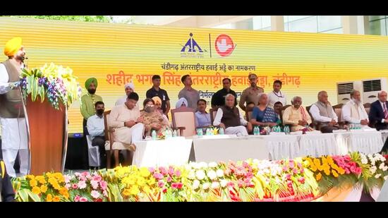 Punjab chief minister Bhagwant Mann addressing the gathering at the Shaheed Bhagat Singh International Airport, Chandigarh, on Wednesday. (Keshav Singh/HT) Punjab chief minister Bhagwant Mann addressing the gathering at the Shaheed Bhagat Singh International Airport, Chandigarh, on Wednesday. (Keshav Singh/HT)