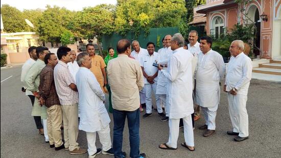 Rajasthan chief minister Ashok Gehlot with the lawmakers on Tuesday. (ANI) Rajasthan chief minister Ashok Gehlot with the lawmakers on Tuesday. (ANI)