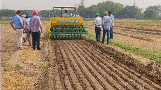 Direct seeding of rice (DSR) method, which requires comparatively less irrigation, is being promoted by the Punjab government with an aim to check groundwater depletion. (HT File)