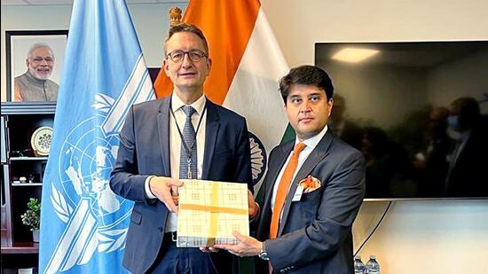 Union Civil Aviation Minister Jyotiraditya Scindia meets with State Secretary of Germany Stefan Schnorr and signed a MoU for the provision of coterminous rights for cargo aircraft, in Montreal on Tuesday. (Jyotiraditya M. Scindia Twitter)