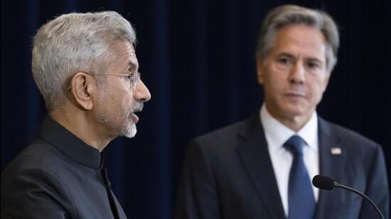 India's Foreign Minister S Jaishankar speaks during a press conference with Secretary of State Antony Blinken at the State Department in Washington on Tuesday. (AP)