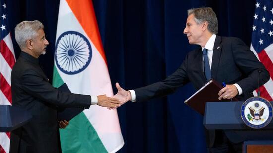 US Secretary of State Antony Blinken and external affairs minister S Jaishankar shake hands during a news conference at the State Department in Washington. (Reuters)