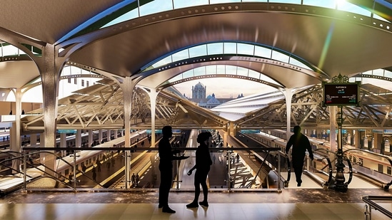 An illustration shows how the Chhatrapati Shivaji Maharaj Terminus Railway Station in Mumbai will look after its re-development.(PTI)