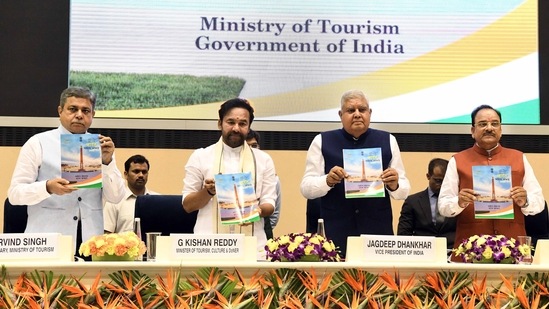Vice President Jagdeep Dhankhar with Secretary Tourism Arvind Singh, Union Ministers G Kishan Reddy and Ajay Bhatt releasing Indian Tourism Data 2022 on World Tourism Day.(ANI)
