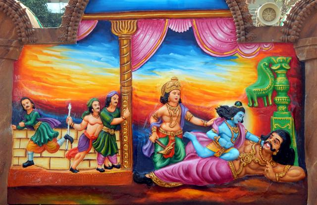 A wall panel at a temple in Hyderabad showing Krishna killing his evil uncle Kansa. (Shutterstock) A wall panel at a temple in Hyderabad showing Krishna killing his evil uncle Kansa. (Shutterstock)