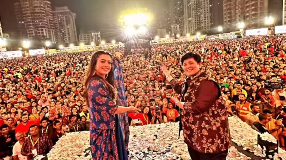 Rashmika Mandanna with Falguni Pathak at a Navratri event in Mumbai. Rashmika Mandanna with Falguni Pathak at a Navratri event in Mumbai.