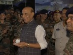 The image, taken from the Twitter video, shows army jawans singing Sandese Aate Hai in front of defence minister Rajnath Singh.