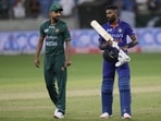 India's Hardik Pandya, right, interacts with Pakistan's Haris Rauf(AP) India's Hardik Pandya, right, interacts with Pakistan's Haris Rauf(AP)