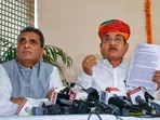 Congress leader and RTDC chairman Dharmendra Rathore and Rajasthan minister of disaster management and Congress MLA Govind Ram Meghwal address a press conference in Jaipur on Thursday (PTI) Congress leader and RTDC chairman Dharmendra Rathore and Rajasthan minister of disaster management and Congress MLA Govind Ram Meghwal address a press conference in Jaipur on Thursday (PTI)