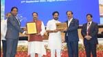 The award was presented to Rakesh Kumar, chairman, and Sudeep Sarcar, chief executive officer, India Exposition Mart Ltd by Vice President Jagdeep Dhankhar and Ajay Bhatt, minister of state for tourism (HT Photo) The award was presented to Rakesh Kumar, chairman, and Sudeep Sarcar, chief executive officer, India Exposition Mart Ltd by Vice President Jagdeep Dhankhar and Ajay Bhatt, minister of state for tourism (HT Photo)