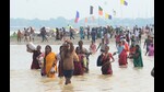 People bathing in Sangam in Prayagraj. (HT file) People bathing in Sangam in Prayagraj. (HT file)