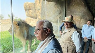 Haryana chief minister Manohar Lal Khattar and Union environment minister Bhupender Yadav at the jungle safari in Sharjah, United Arab Emirates, on Thursday. (HT Photo)