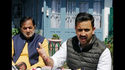 Congress MLA Vikramaditya Singh addressing media during a press conference at his residence Holy Lodge, Shimla on Thursday. (Deepak Sansta/HT)