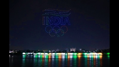 A glimpse of the drone show, ahead of the 36th National Games, over the Sabarmati riverfront in Gujarat's Ahmedabad. (Twitter/@narendramodi)