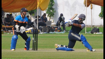 A player from the Himachal Pradesh Cricket Association team playing a shot during the JP Atray Cricket Tournament in Sector 26, Chandigarh, on Thursday. (Keshav Singh/HT)