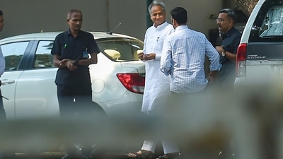Rajasthan chief minister Ashok Gehlot arrives at 10, Janpath, in New Delhi, to meet Congress president Sonia Gandhi on Thursday. (PTI) Rajasthan chief minister Ashok Gehlot arrives at 10, Janpath, in New Delhi, to meet Congress president Sonia Gandhi on Thursday. (PTI)