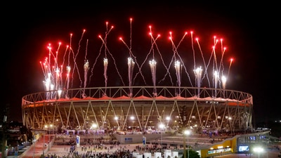 Fireworks over the Narendra Modi Stadium during the inauguration of 36th National Games (PTI) Fireworks over the Narendra Modi Stadium during the inauguration of 36th National Games (PTI)